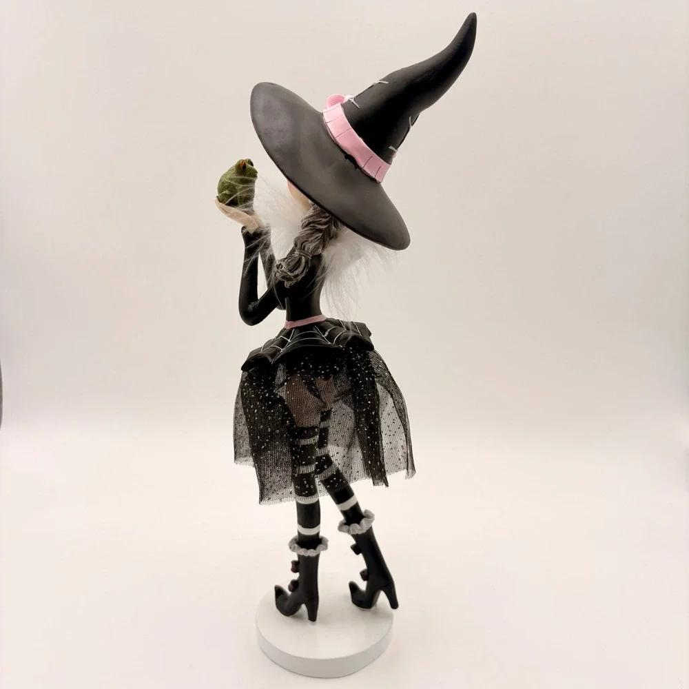 Halloween Witch Figurine with Frog Pink Black Decor